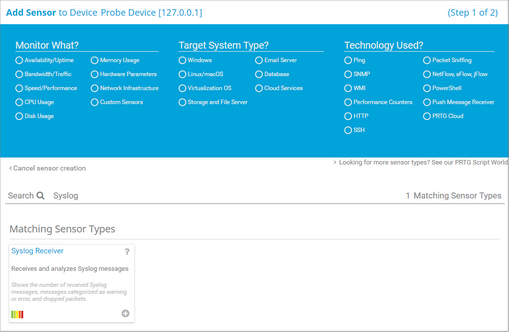 Syslog Receiver Sensor in the Add Sensor Dialog